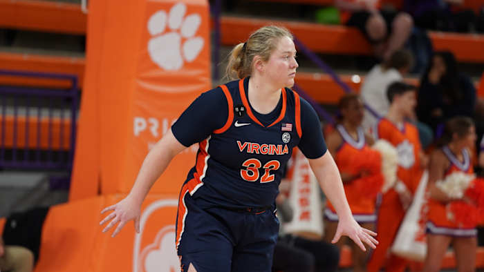 Cady Pauley plays defense during the Virginia women's basketball game against Clemson at Littlejohn Coliseum.